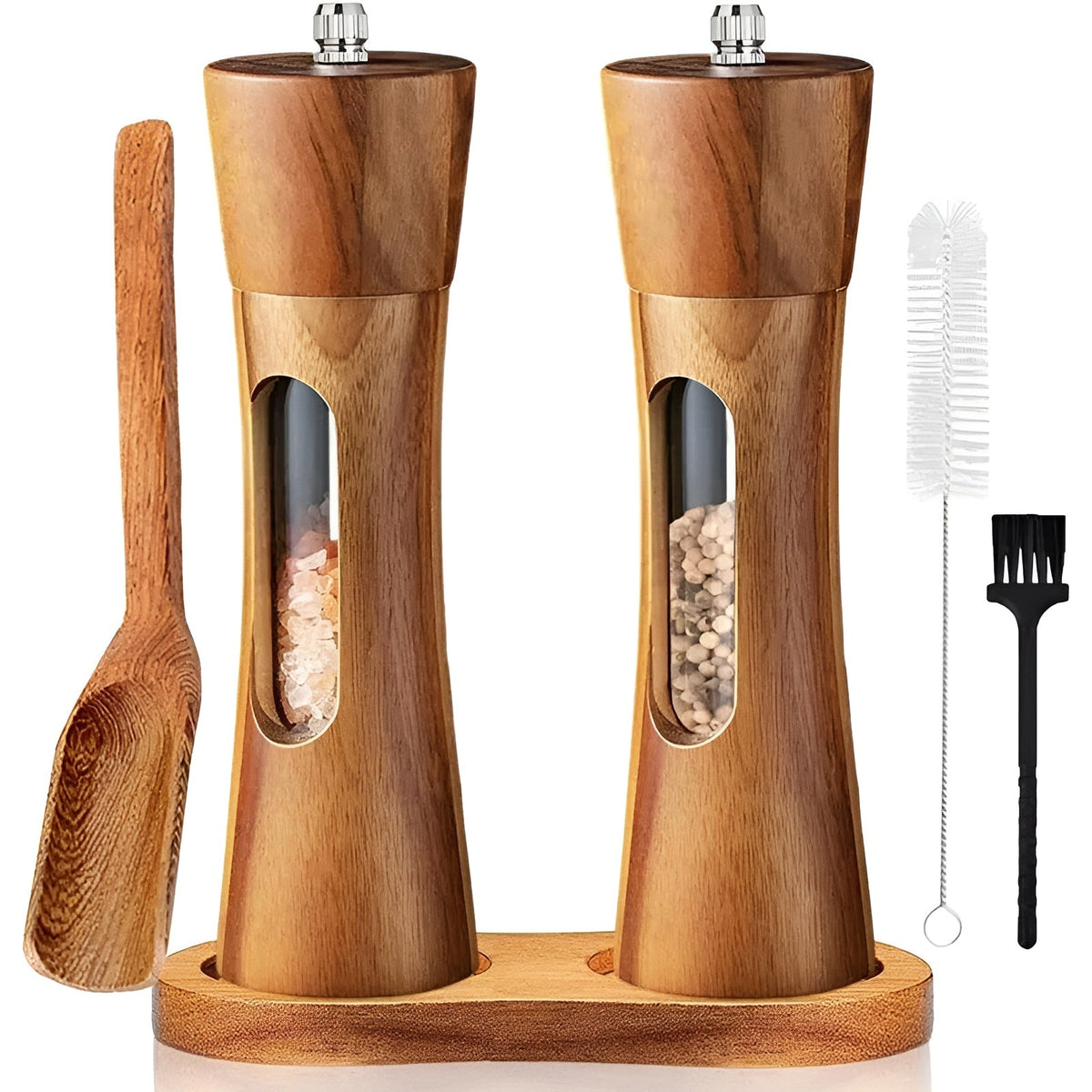 Set de molinillos de sal y pimienta de madera y acrílico con ventana, 19cm, molienda ajustable, cerámica, para mesa y cocina, regalo | Sansoti