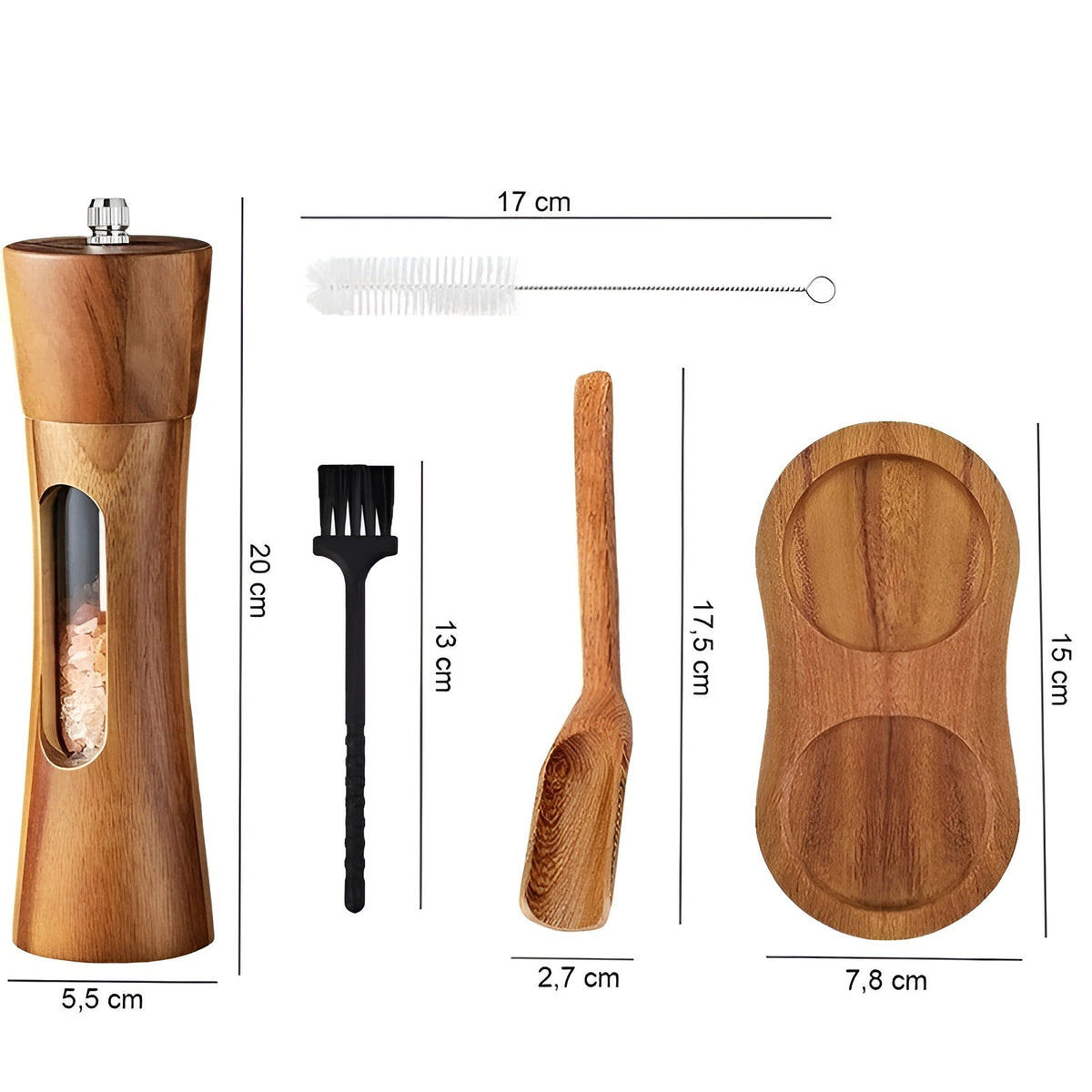 Set de molinillos de sal y pimienta de madera y acrílico con ventana, 19cm, molienda ajustable, cerámica, para mesa y cocina, regalo | Sansoti
