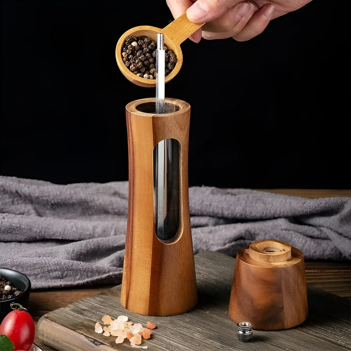 Set de molinillos de sal y pimienta de madera y acrílico con ventana, 19cm, molienda ajustable, cerámica, para mesa y cocina, regalo | Sansoti