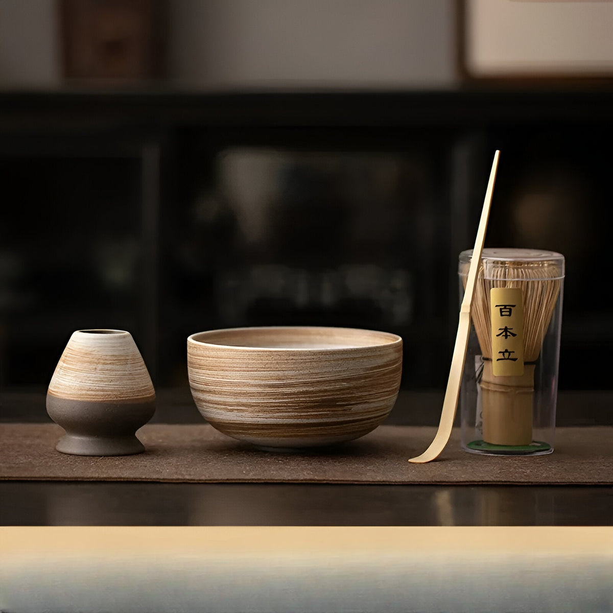 Zestaw matcha 4-elementowy Ceramiczny z bambusową trzepaczką | Sansoti