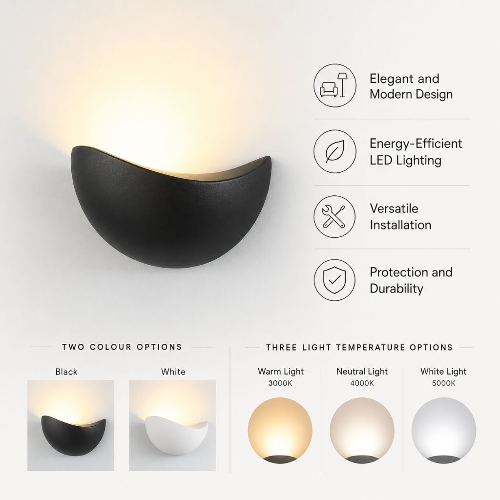 Semicircular LED Wall Light Aluminium 20cm Warm Neutral White Light Bedroom Living Room Hallway Waterproof IP65 | Sansoti