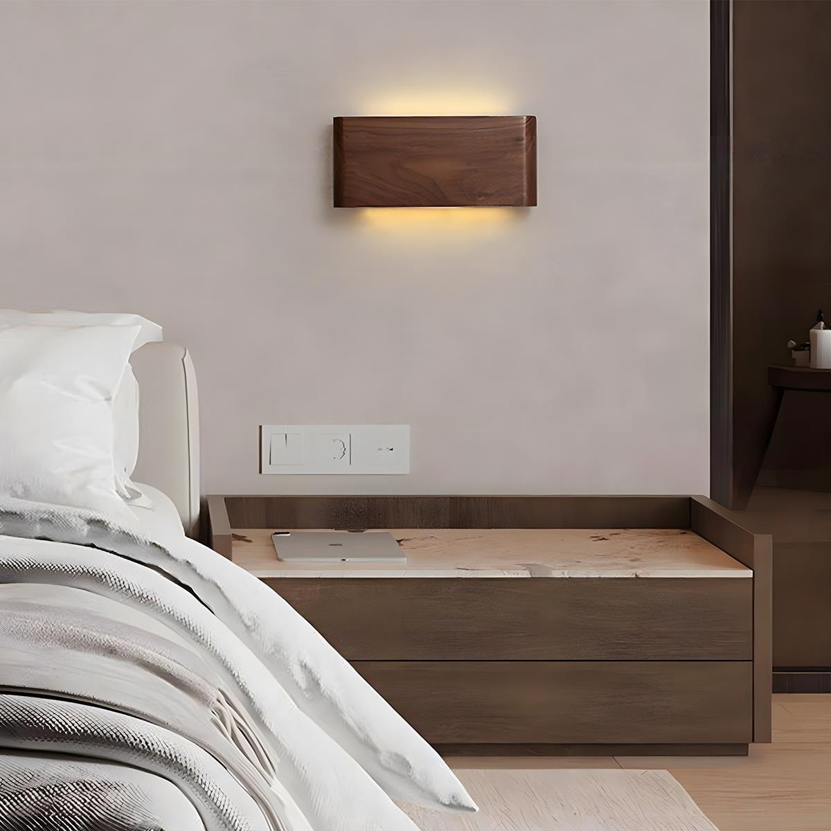 Houten Wandlamp LED Rechthoekig Notenhout Dimbaar 3 Standen Modern Scandinavisch Design Slaapkamer Woonkamer | Sansoti