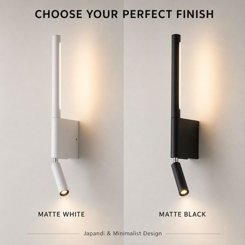 Bedroom Wall Lamp with 345° Rotating Reading Light, Black and White Aluminum, Indirect Light, Modern Lighting | Sansoti