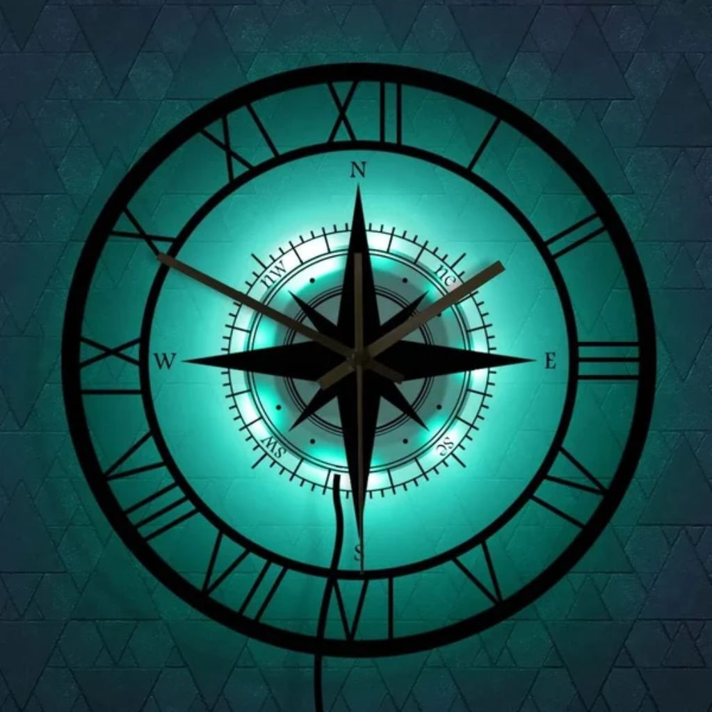 Compass Wall Clock Transparent 30cm Silent Movement Maritime Design Compass Rose Decoration Living Room Kitchen Nautical | Sansoti