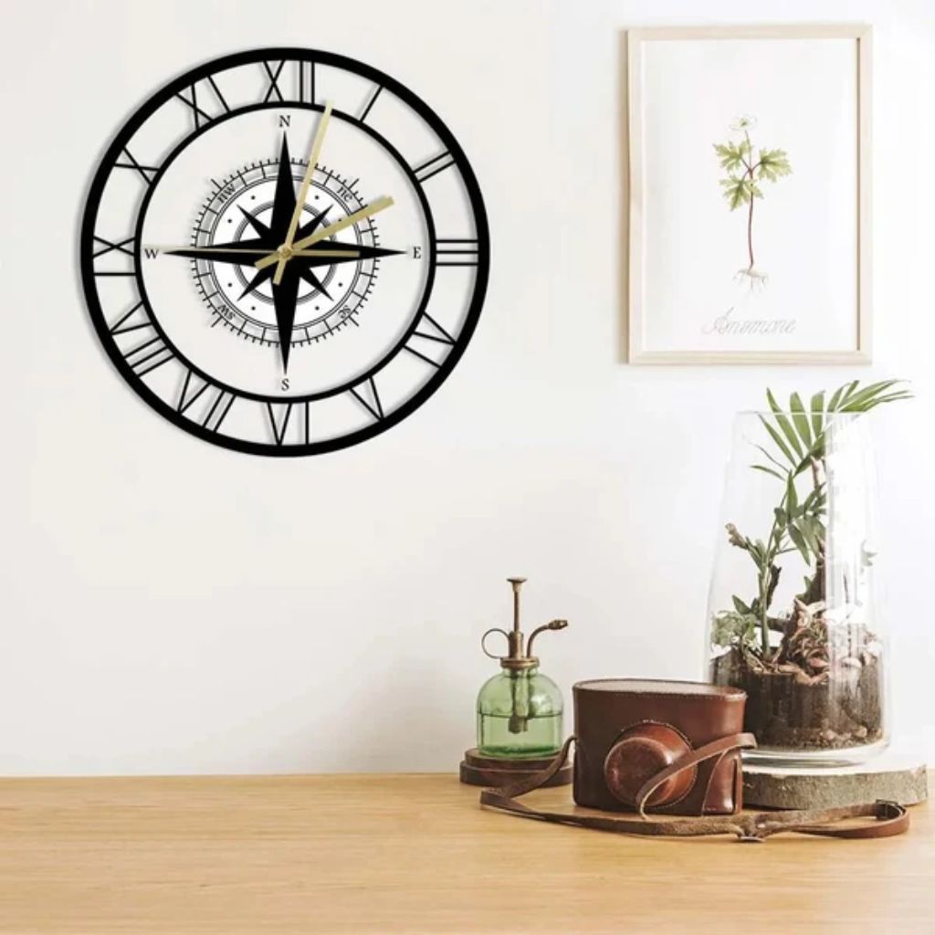 Compass Wall Clock Transparent 30cm Silent Movement Maritime Design Compass Rose Decoration Living Room Kitchen Nautical | Sansoti