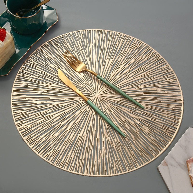 Round Placemat with Nebula Design Cutout Gold Rose Gold Black Stylish Table Decoration 38cm Diameter PVC Non-Slip for Dining Table Dinner | Sansoti