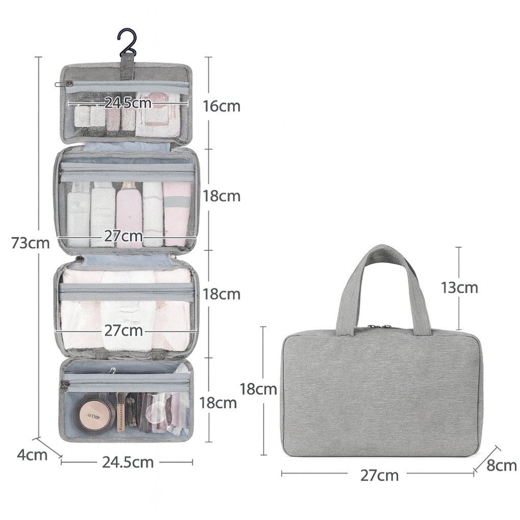 Hanging Travel Toiletry Bag, Foldable with Hook, Black, Gray, Blue, Pink, Compartment Organizer, Cosmetics, Bathroom | Sansoti