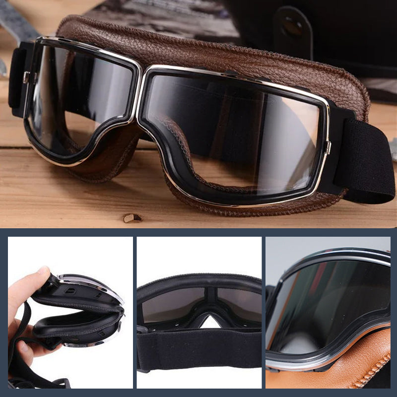 Retro Motorcycle Goggles Leather UV Protection Adjustable Strap for Motorcycling Cycling Skiing Hiking Outdoor Sports | Sansoti