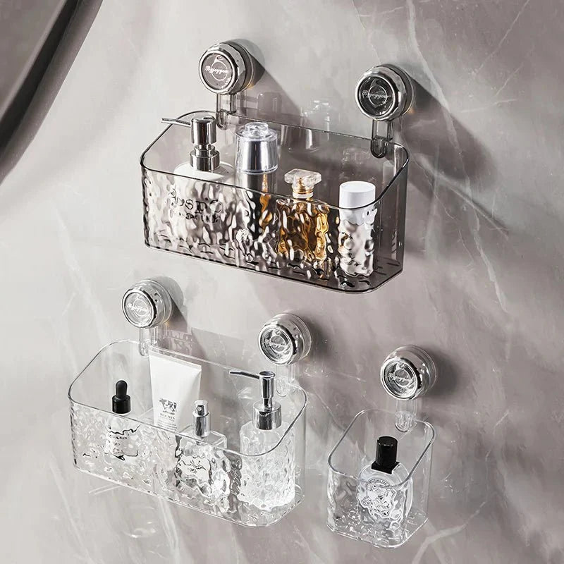 Bathroom Wall Shelf with Suction Cups, No Drilling Required, Transparent Gray Organizer, Wall-Mounted Heavy-Duty Shower Shelf | Sansoti