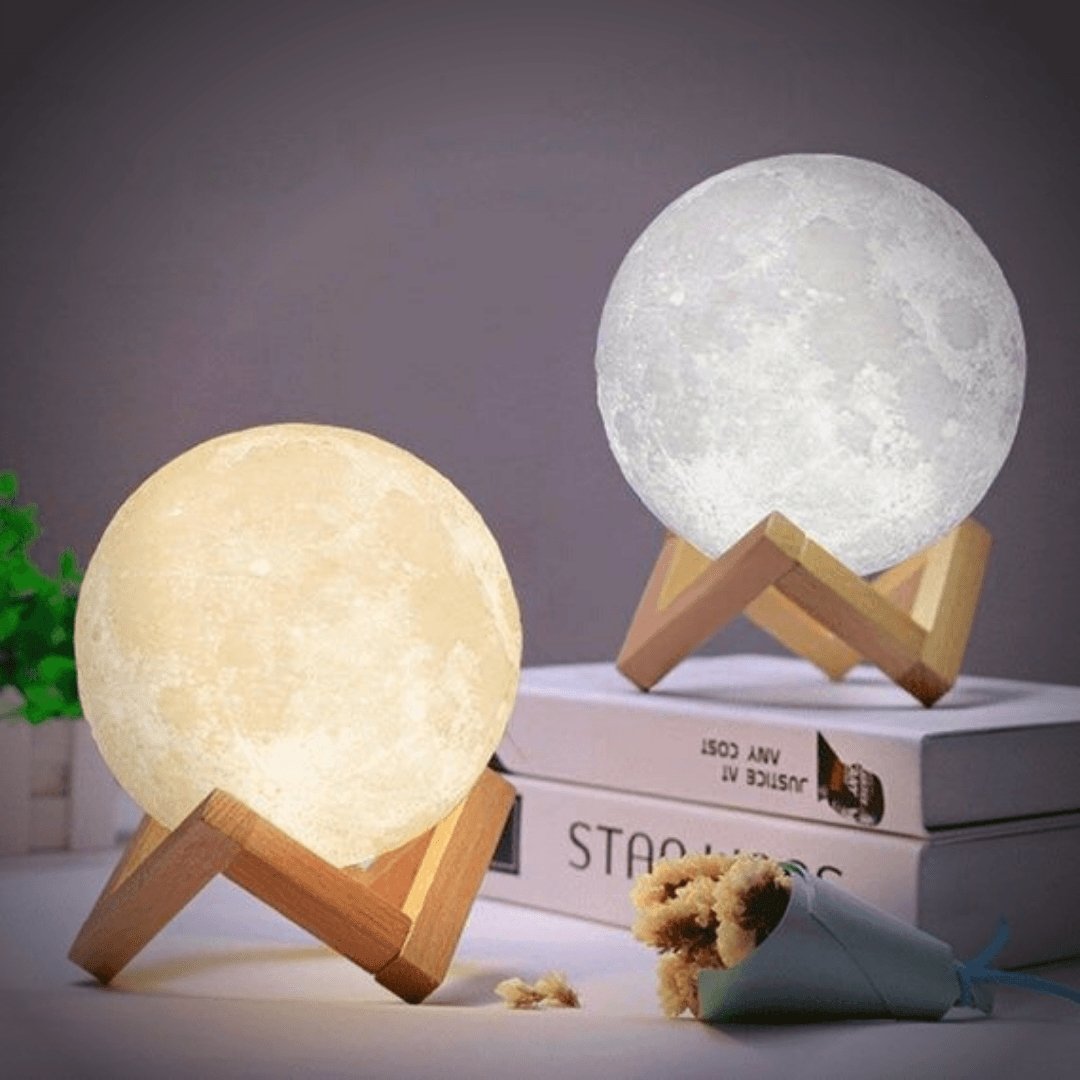 Moon Lamp with 3D Surface and Touch Control – Wireless LED Ambient Light on Wooden Stand in 4 Sizes | Sansoti