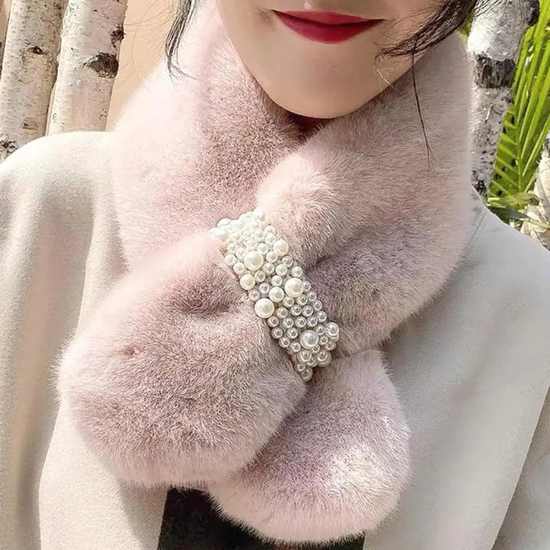 Winterschal Imitationspelz Perlendetail Damen Cross-Style Warmer Halswärmer Elegantes Wintermode-Accessoire | Sansoti