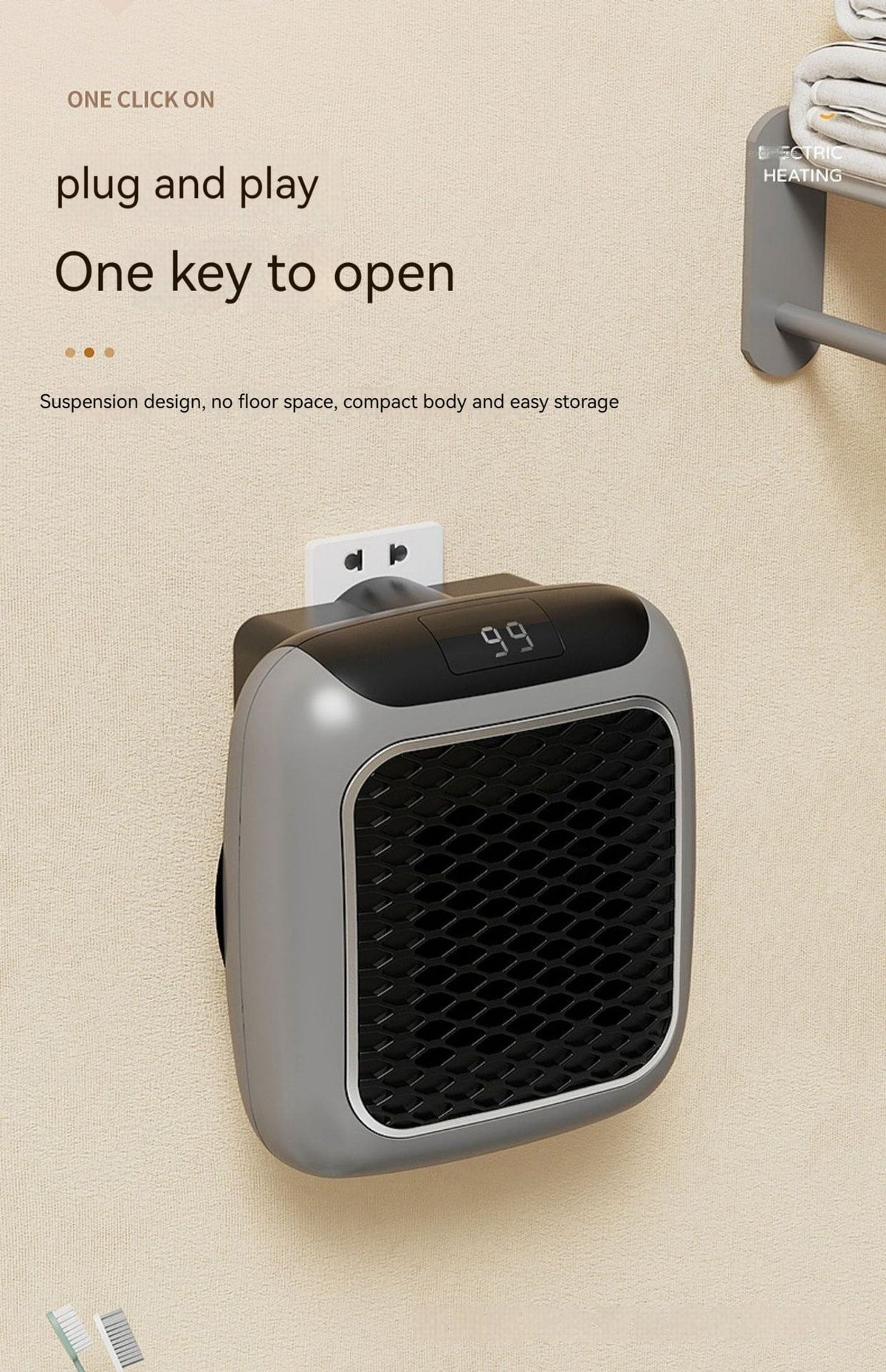 Compact Plug-In Heater with Digital Display, Timer, and Adjustable Thermostat for Bedroom or Bathroom up to 20m² | Sansoti