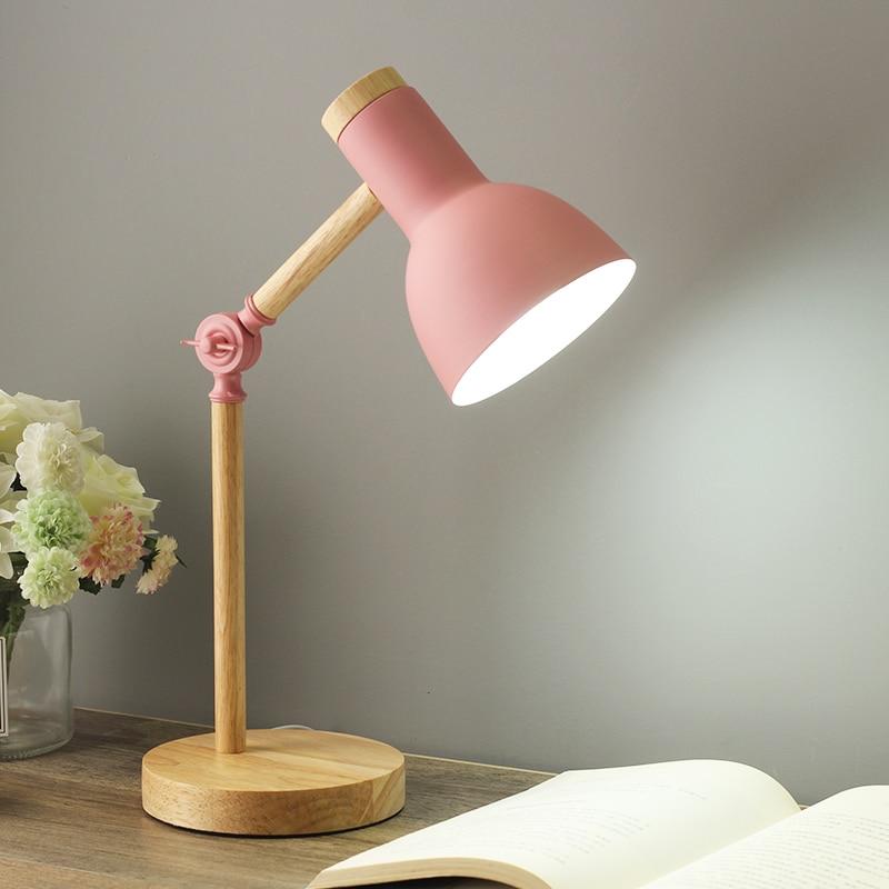 Lámpara de escritorio y mesa escandinava con base de madera y pantalla metálica ajustable, para el espacio de trabajo y la mesita de noche | Sansoti