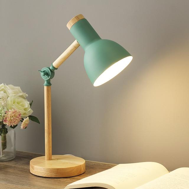 Lámpara de escritorio y mesa escandinava con base de madera y pantalla metálica ajustable, para el espacio de trabajo y la mesita de noche | Sansoti