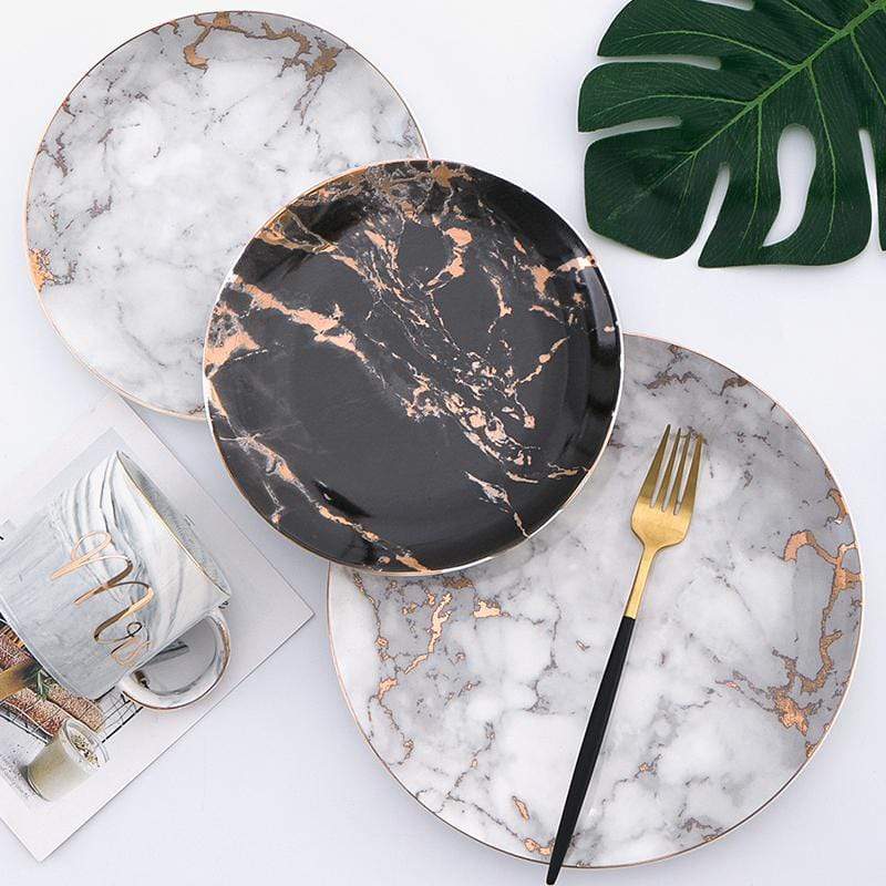 Marble Porcelain Plates Gold Rim Dinner Set Dessert Steak Elegant | Sansoti