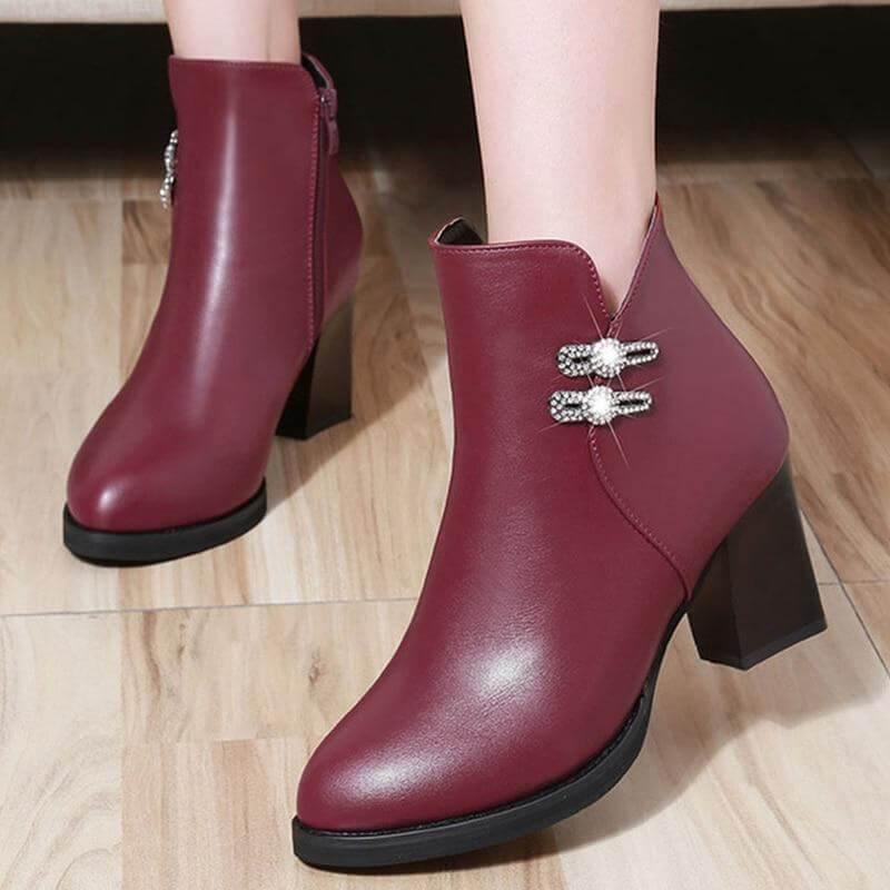 Bottines à talon bloc et détail en cristal pour femme, fermeture éclair, semelle compensée, doublure courte en peluche, semelle en caoutchouc, hiver | Sansoti
