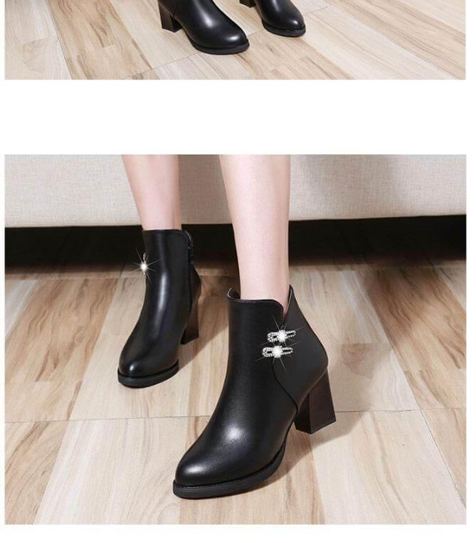 Bottines à talon bloc et détail en cristal pour femme, fermeture éclair, semelle compensée, doublure courte en peluche, semelle en caoutchouc, hiver | Sansoti