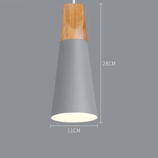 Skandynawska drewniano-metalowa lampa wisząca w stylu nordyckim, z kolorowym aluminiowym kloszem stożkowym lub kopułowym, z regulowanym przewodem | Sansoti