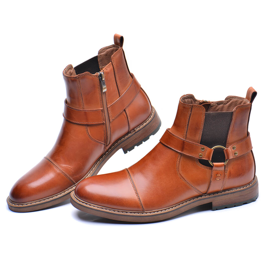 Men's Leather Boots Moto Style Cognac Brown Ankle-High Vintage Look Comfortable Durable Leather | Sansoti