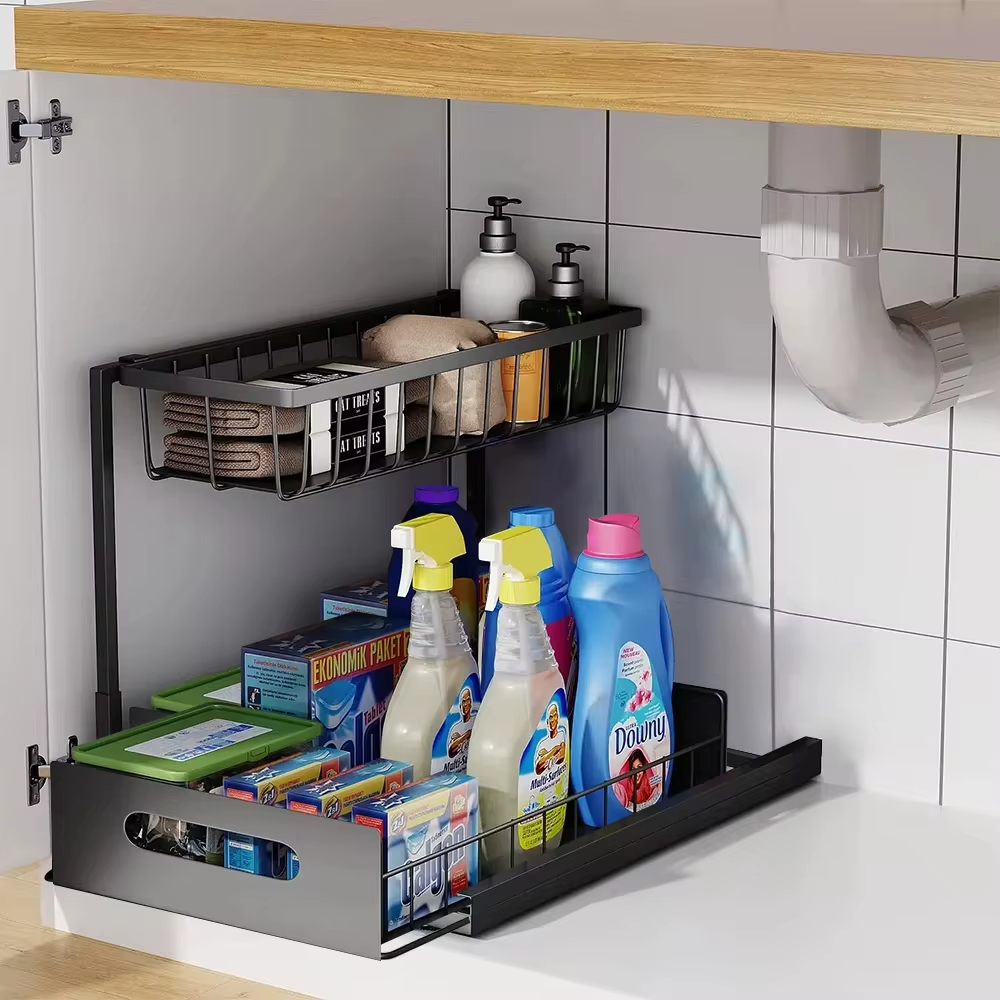 Pull-Out 2-Tier L-Shaped Cabinet Rack Kitchen Organizer Under-Cabinet Storage System Kitchen Cabinet Organizer | Sansoti