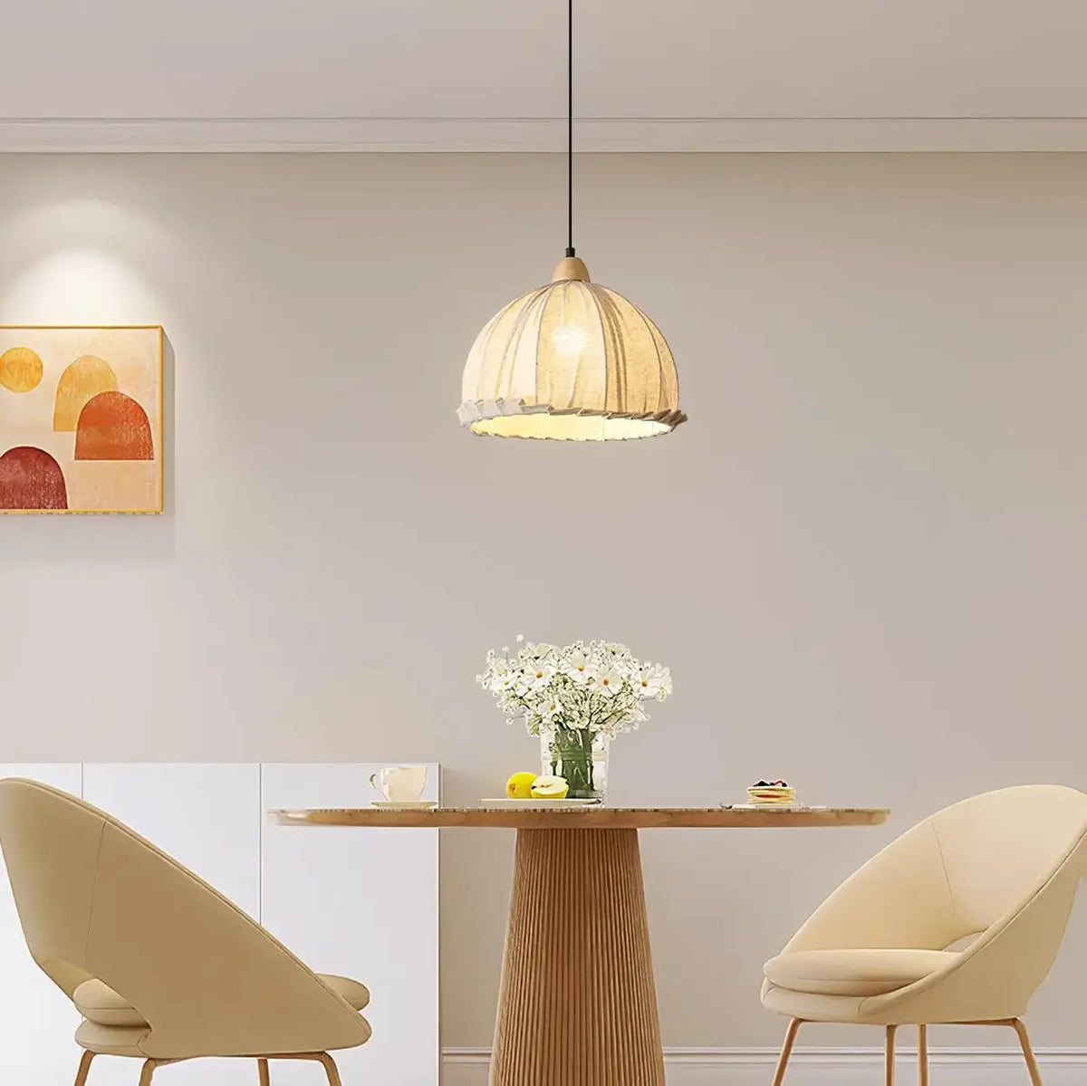 Lámpara colgante wabi-sabi de madera y pantalla de tela blanca escandinava E27 | Sansoti