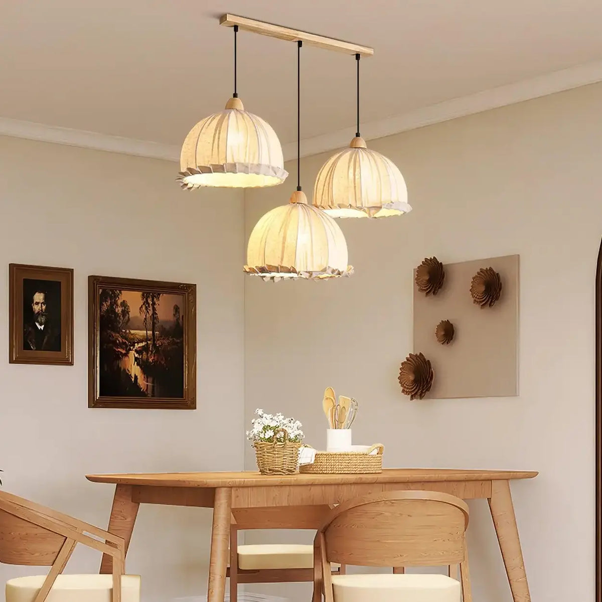Lámpara colgante wabi-sabi de madera y pantalla de tela blanca escandinava E27 | Sansoti