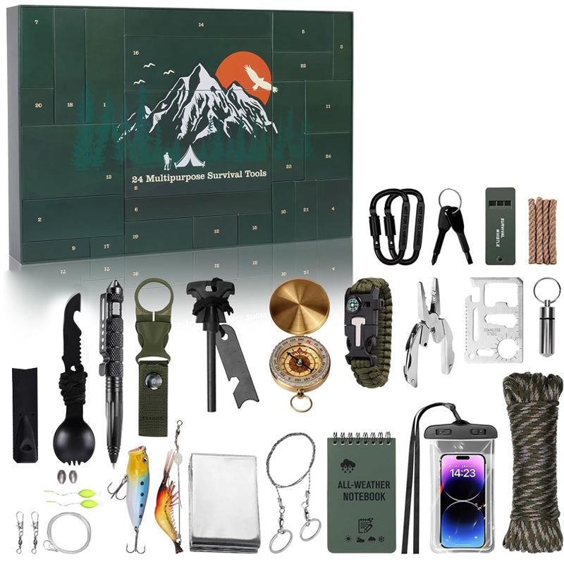 Calendario de Adviento con herramientas de supervivencia, 24 compartimentos, para actividades al aire libre, camping y senderismo, kit de supervivencia, decoración navideña | Sansoti
