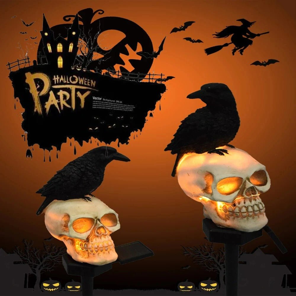 Solarbetriebene Halloween-Schädel mit Rabe und LED-Lampe für Garten, Balkon und Feiertagsdekoration | Sansoti