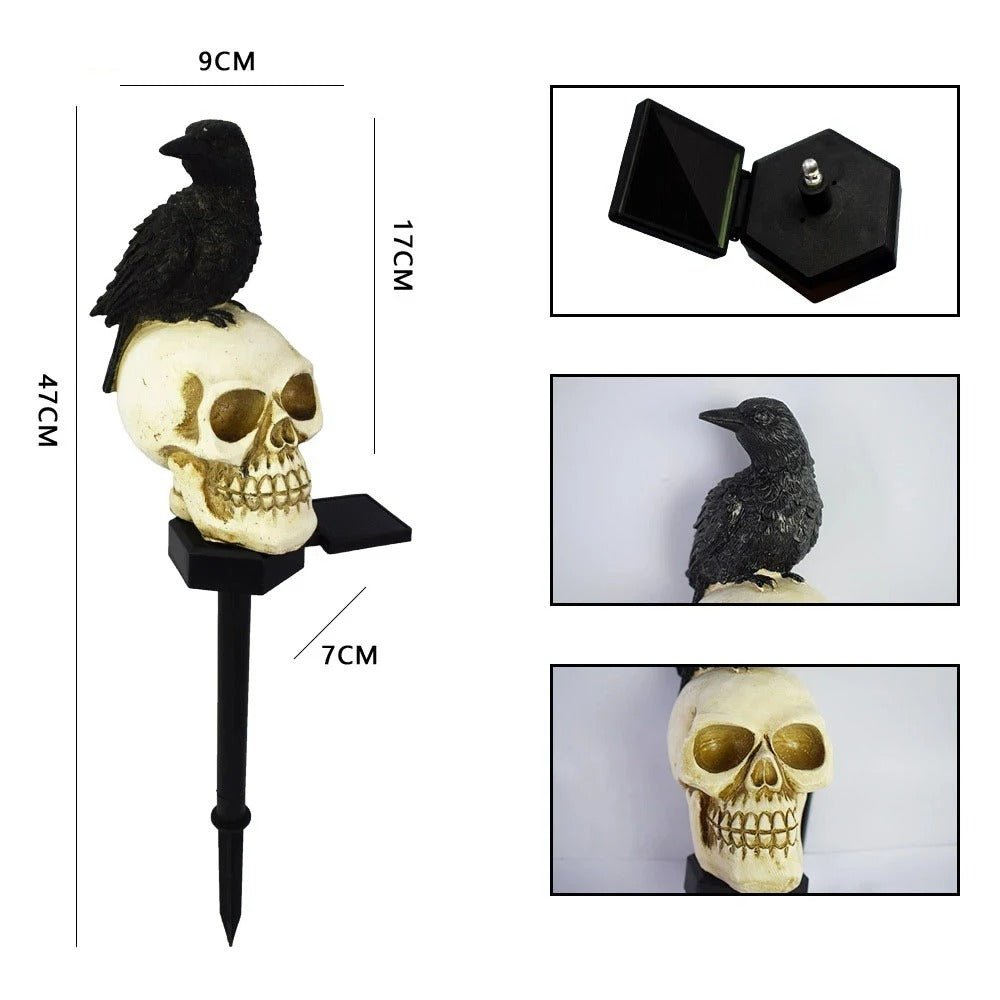 Solarbetriebene Halloween-Schädel mit Rabe und LED-Lampe für Garten, Balkon und Feiertagsdekoration | Sansoti