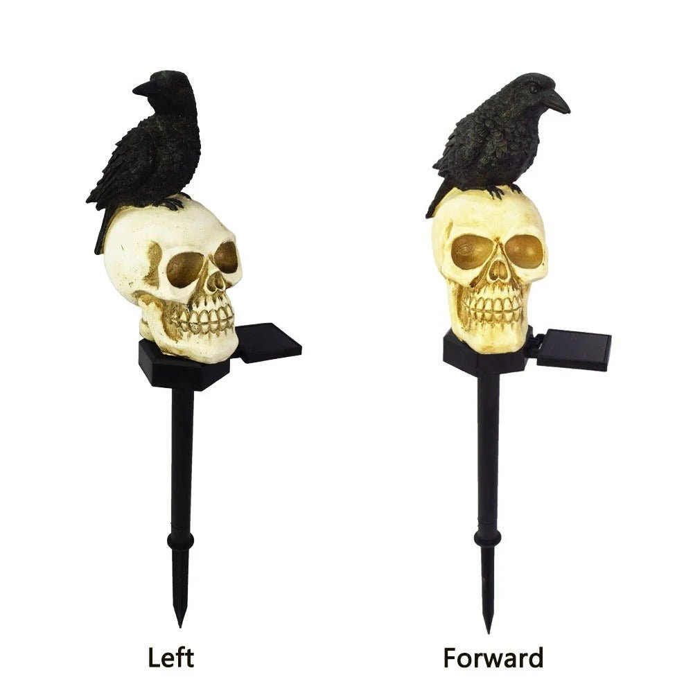 Solarbetriebene Halloween-Schädel mit Rabe und LED-Lampe für Garten, Balkon und Feiertagsdekoration | Sansoti
