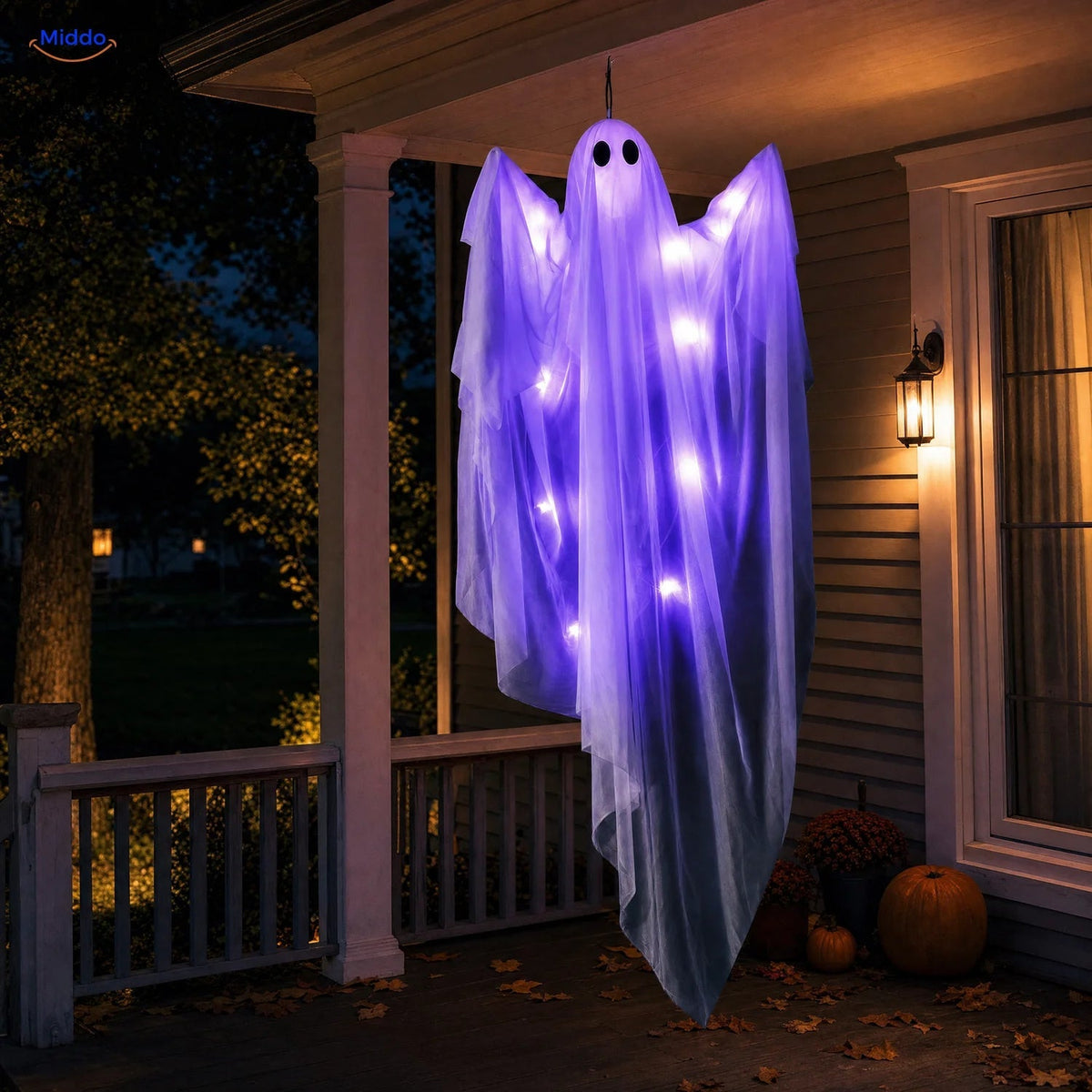 Hangend Halloween Spook 119cm Draperie met LED Verlichting Paars Warmwit Griezelige Decoratie Spookvorm | Sansoti