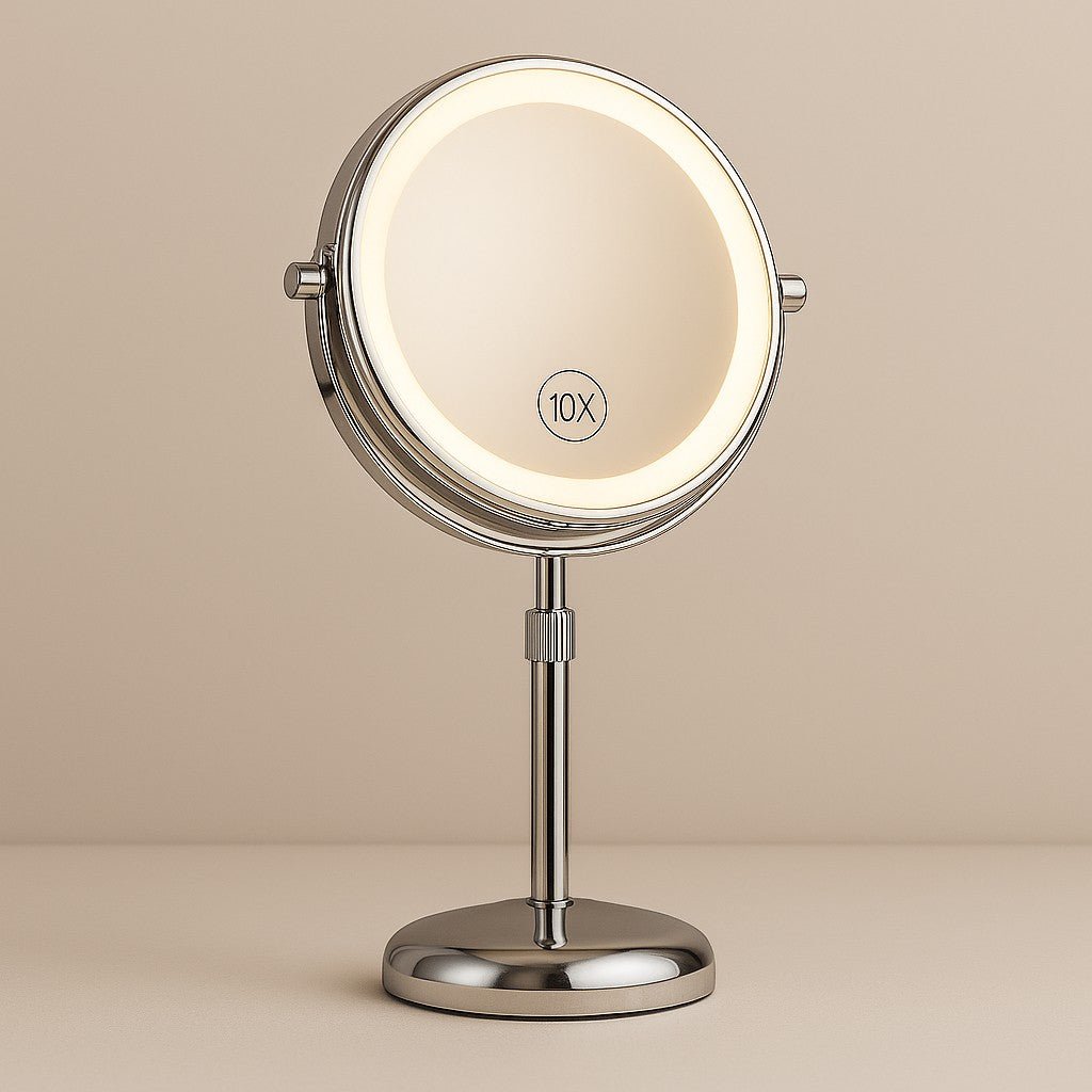 Freestanding LED Makeup Mirror Adjustable 10x Magnification 3 Light Modes Rechargeable 42–50 cm Height Bathroom | Sansoti