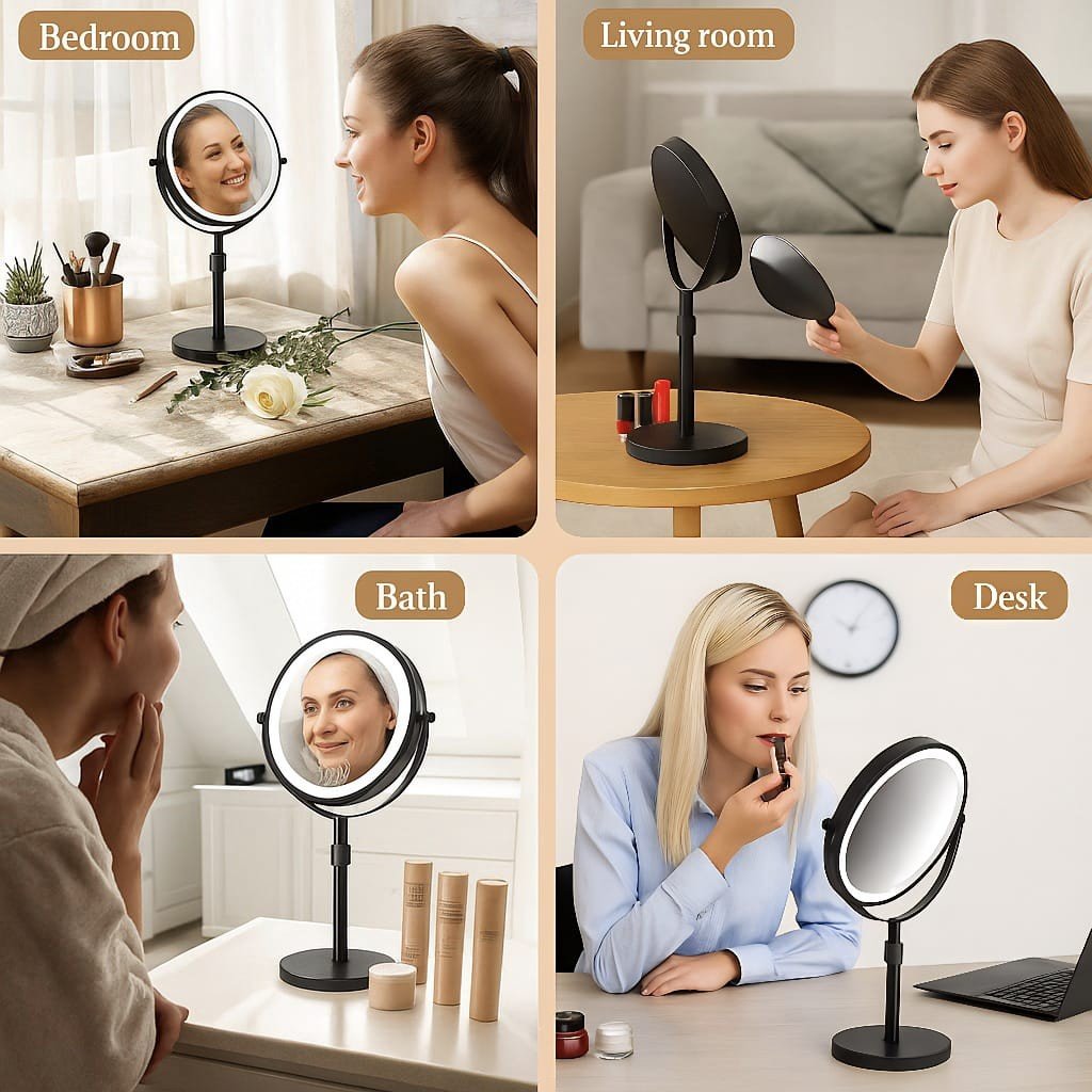 Freestanding LED Makeup Mirror Adjustable 10x Magnification 3 Light Modes Rechargeable 42–50 cm Height Bathroom | Sansoti