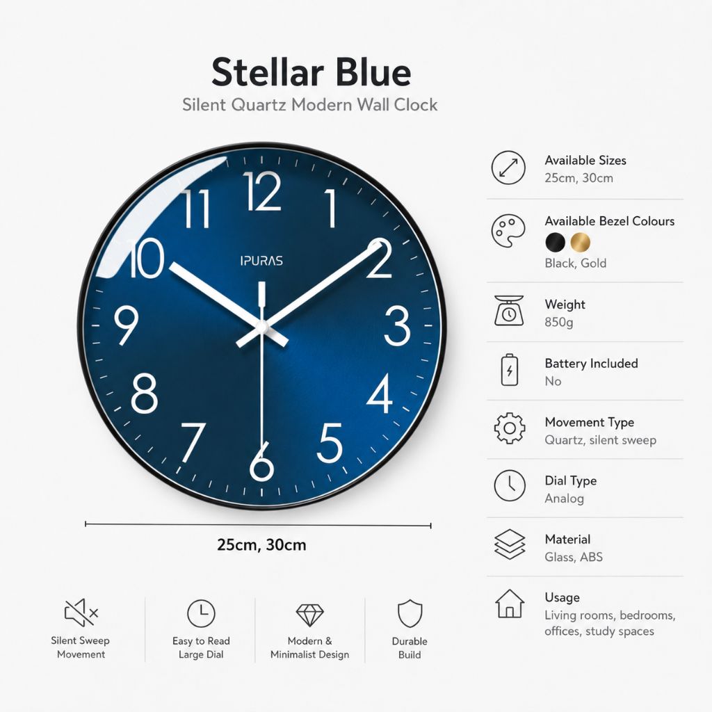 Wall Clock Silent Quartz Movement 25cm 30cm Black Gold Minimalist Modern Design for Living Room Office | Sansoti