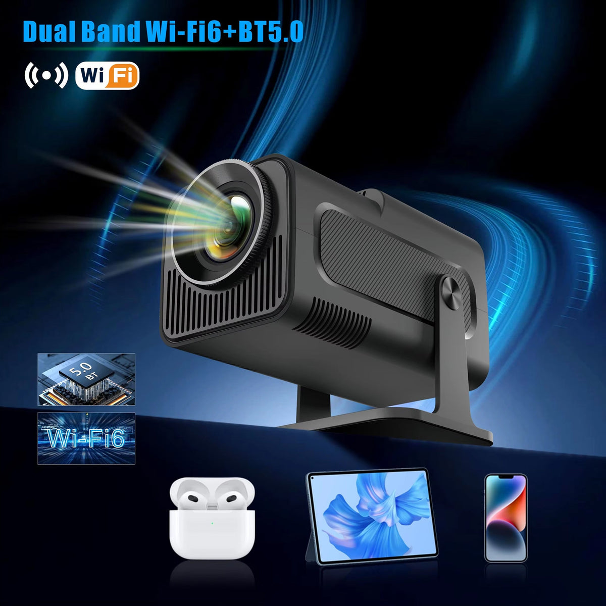 Projecteur LED compact 1080p Android 11 WiFi 6 Portable Home cinéma Écran jusqu’à 150 pouces Utilisation en journée | Sansoti