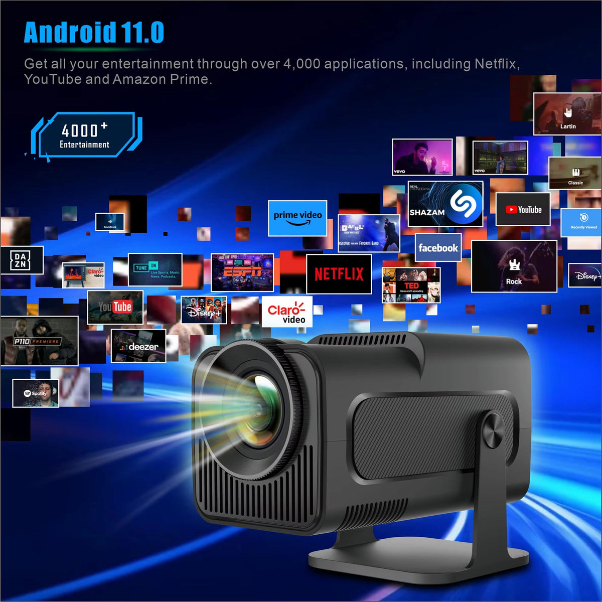 Projecteur LED compact 1080p Android 11 WiFi 6 Portable Home cinéma Écran jusqu’à 150 pouces Utilisation en journée | Sansoti