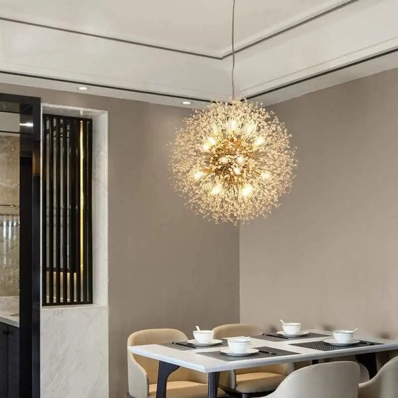 Lámpara colgante con diseño de diente de león, aluminio y acrílico, LED G9 35W, dorada y plateada, salón, dormitorio | Sansoti