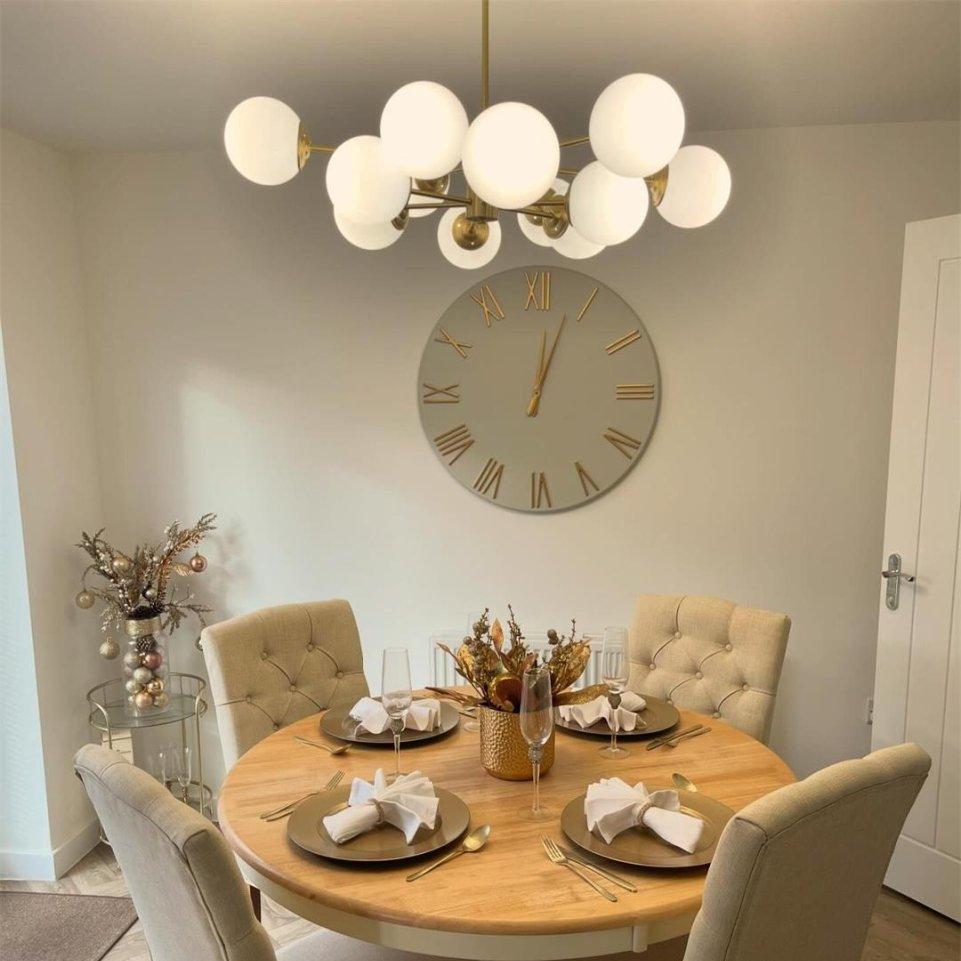 Modern two-tier Sputnik chandelier with 12 opal glass globes in brass finish – mid-century design pendant lamp 90 cm | Sansoti