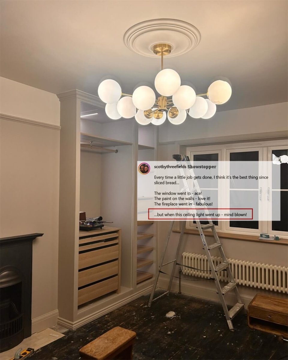 Modern two-tier Sputnik chandelier with 12 opal glass globes in brass finish – mid-century design pendant lamp 90 cm | Sansoti