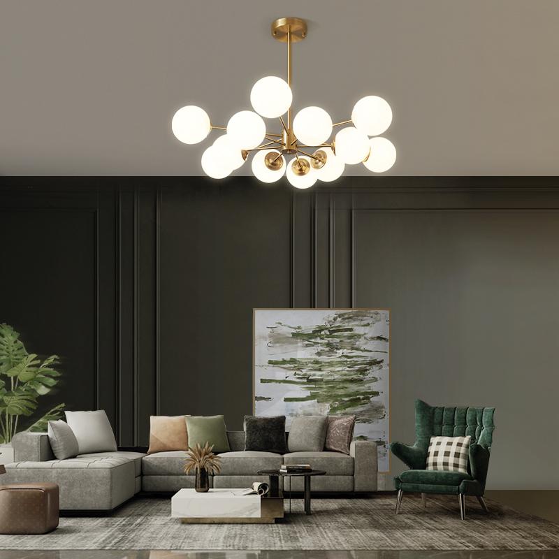Modern two-tier Sputnik chandelier with 12 opal glass globes in brass finish – mid-century design pendant lamp 90 cm | Sansoti