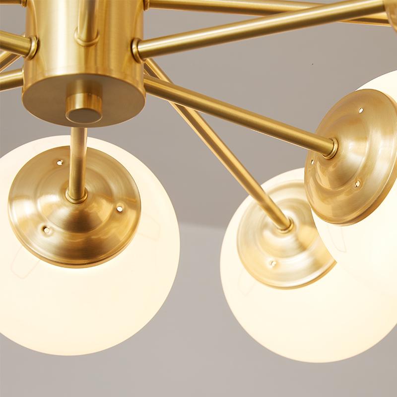 Modern two-tier Sputnik chandelier with 12 opal glass globes in brass finish – mid-century design pendant lamp 90 cm | Sansoti