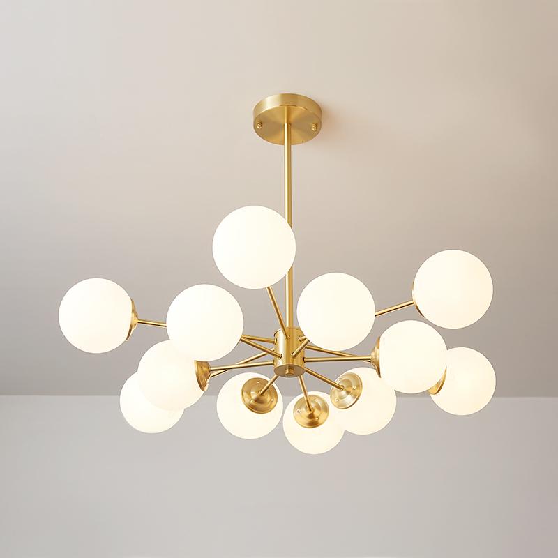 Modern two-tier Sputnik chandelier with 12 opal glass globes in brass finish – mid-century design pendant lamp 90 cm | Sansoti