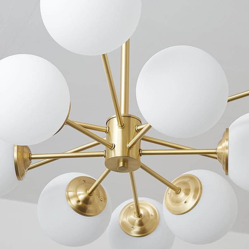 Modern two-tier Sputnik chandelier with 12 opal glass globes in brass finish – mid-century design pendant lamp 90 cm | Sansoti