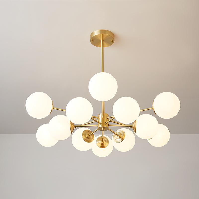 Modern two-tier Sputnik chandelier with 12 opal glass globes in brass finish – mid-century design pendant lamp 90 cm | Sansoti