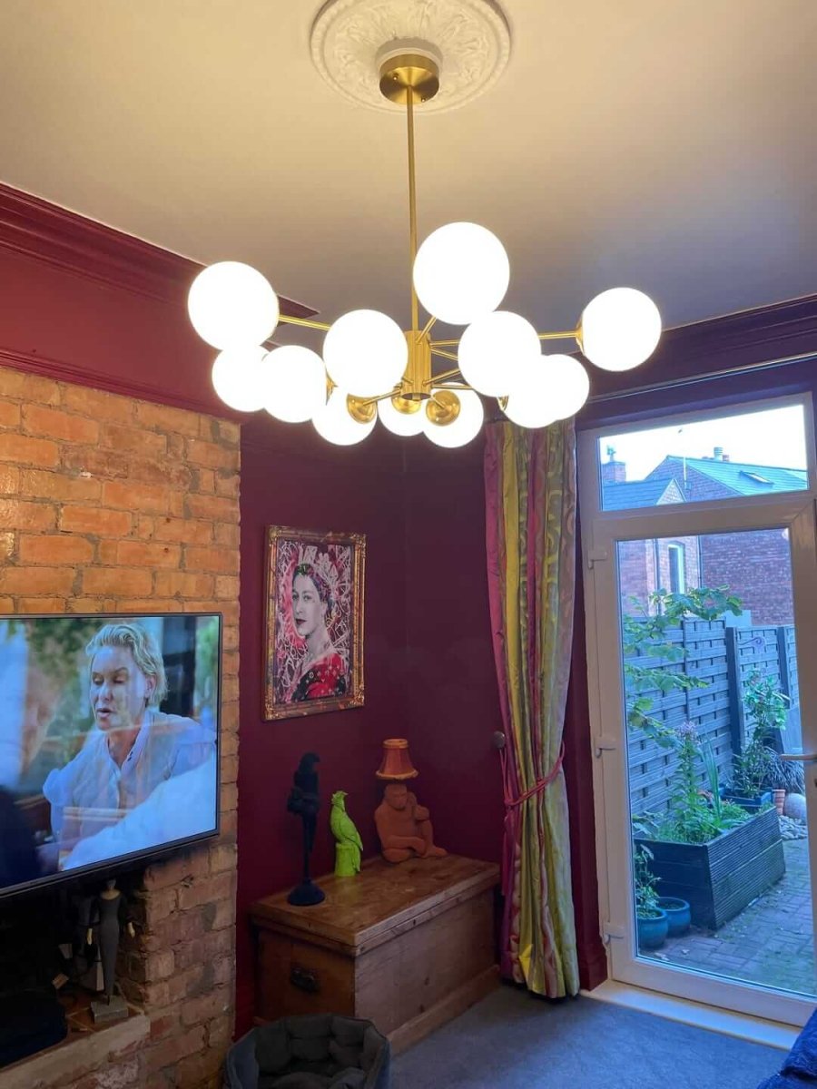 Modern two-tier Sputnik chandelier with 12 opal glass globes in brass finish – mid-century design pendant lamp 90 cm | Sansoti