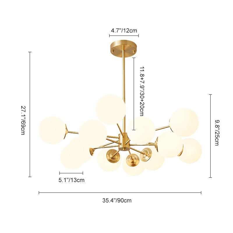 Modern two-tier Sputnik chandelier with 12 opal glass globes in brass finish – mid-century design pendant lamp 90 cm | Sansoti