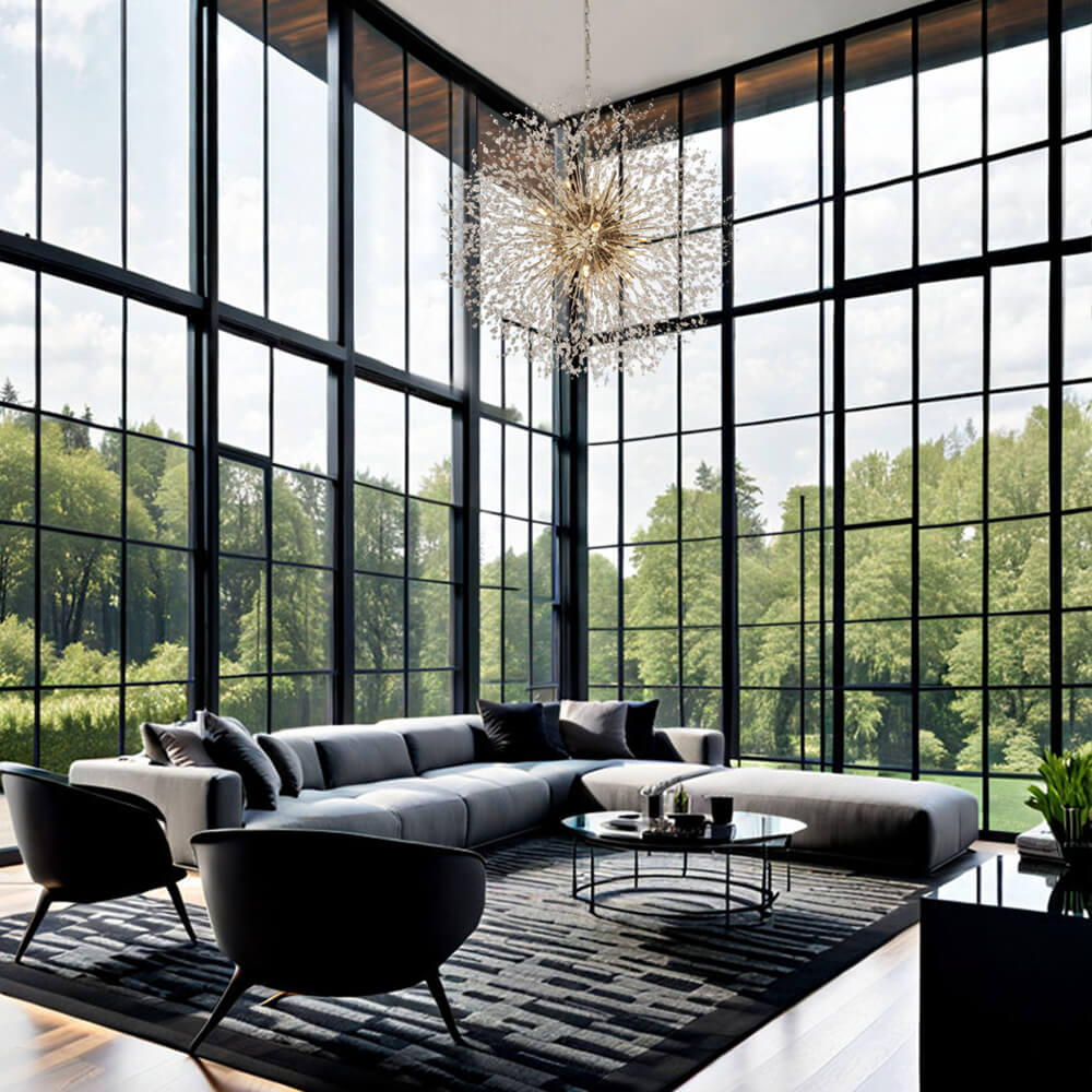 Large sputnik chandelier with fireworks design and crystal effect in brass or chrome – luxury pendant lamp 100 cm | Sansoti