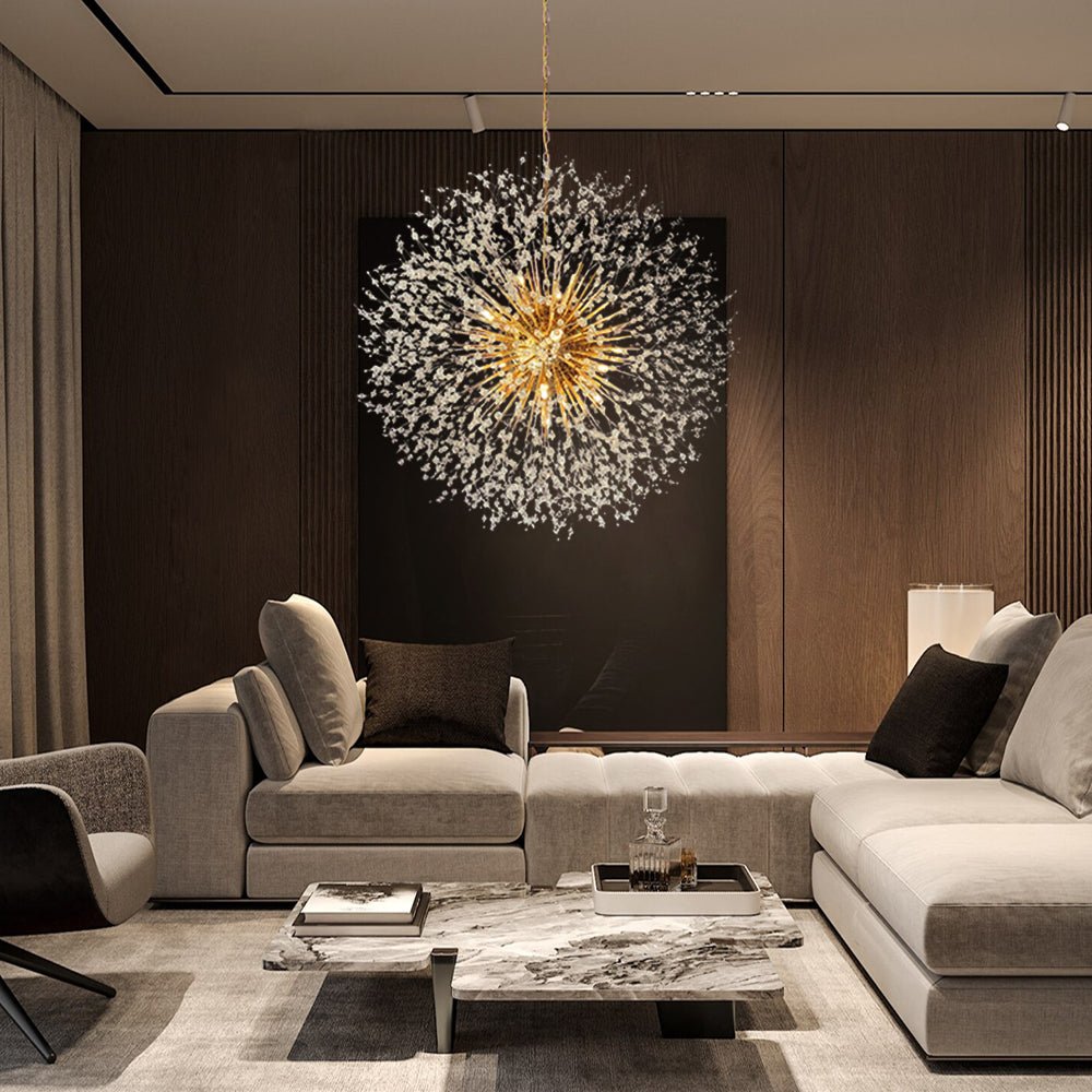 Large sputnik chandelier with fireworks design and crystal effect in brass or chrome – luxury pendant lamp 100 cm | Sansoti