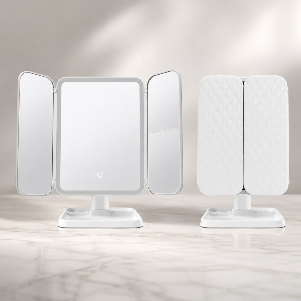 Three-Panel Makeup Mirror with LED Lighting and 2x, 3x, and 10x Magnification, Rechargeable and Adjustable, Foldable | Sansoti