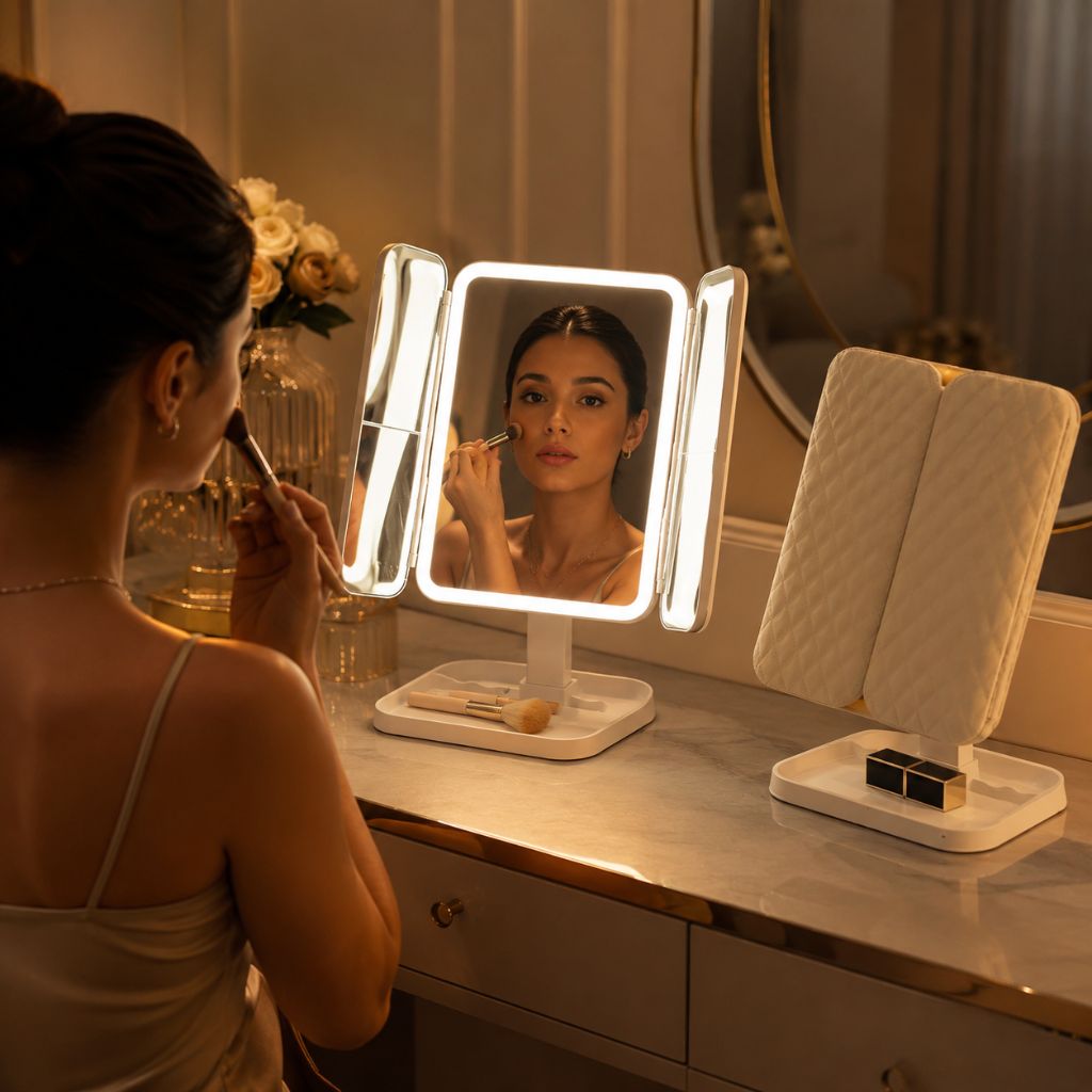 Three-Panel Makeup Mirror with LED Lighting and 2x, 3x, and 10x Magnification, Rechargeable and Adjustable, Foldable | Sansoti
